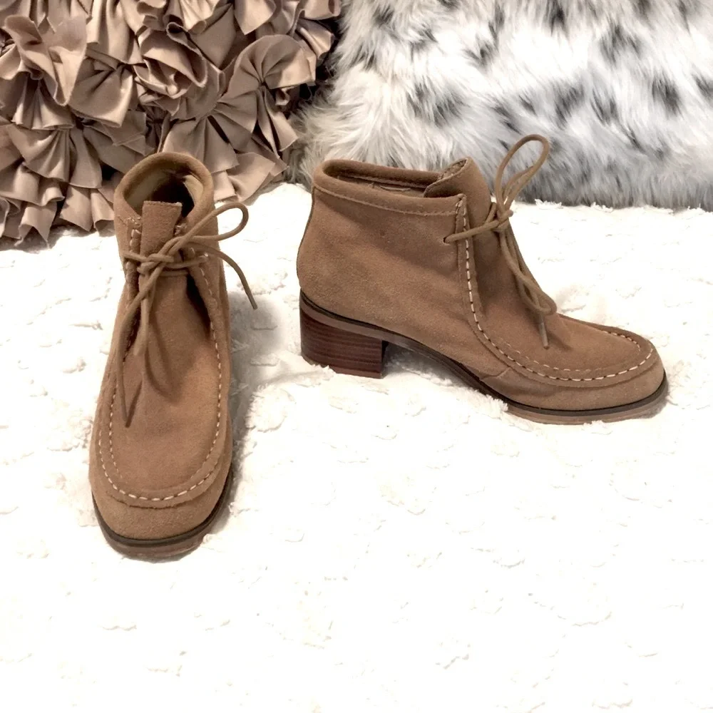 Lace Up Vintage Suede Leather Chukka Brown Carmel Tan Block Heel Ankle Boots 8